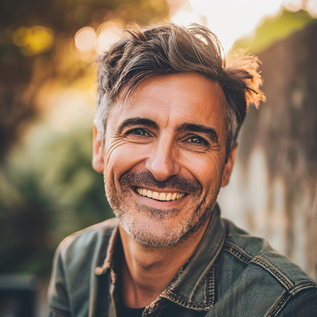 Homme souriant en extérieur, ambiance détendue.